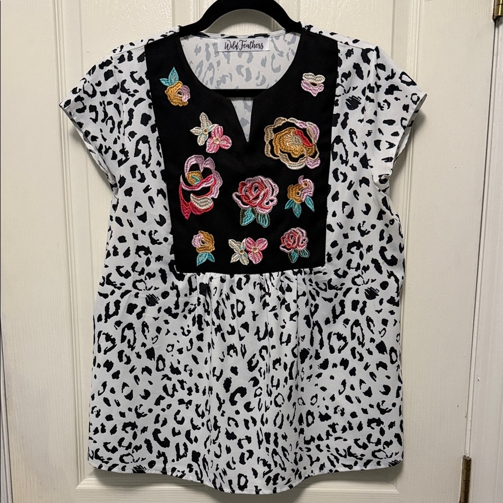 Black & White Leopard Print Top with Floral Embroidered Bib